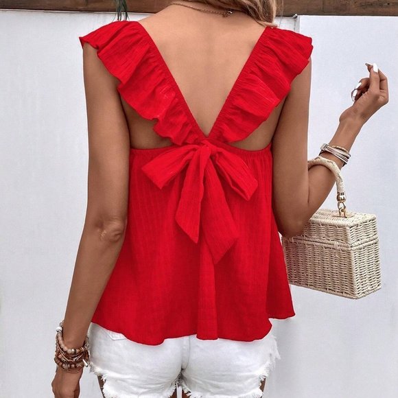 Red Boho Womens Tie Back Ruffle Trim Top - Picture 4 of 5